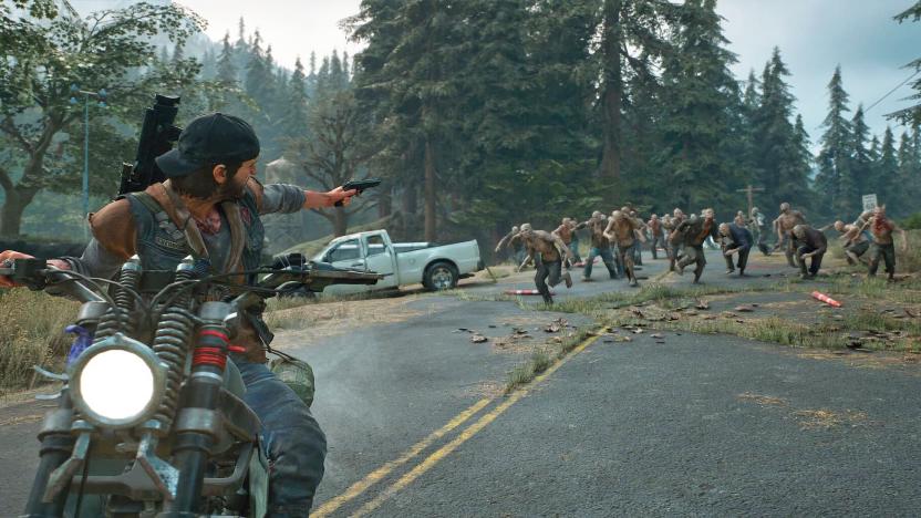 A still from the video game Days Gone showing a man on a motorcycle shooting backwards at zombies.