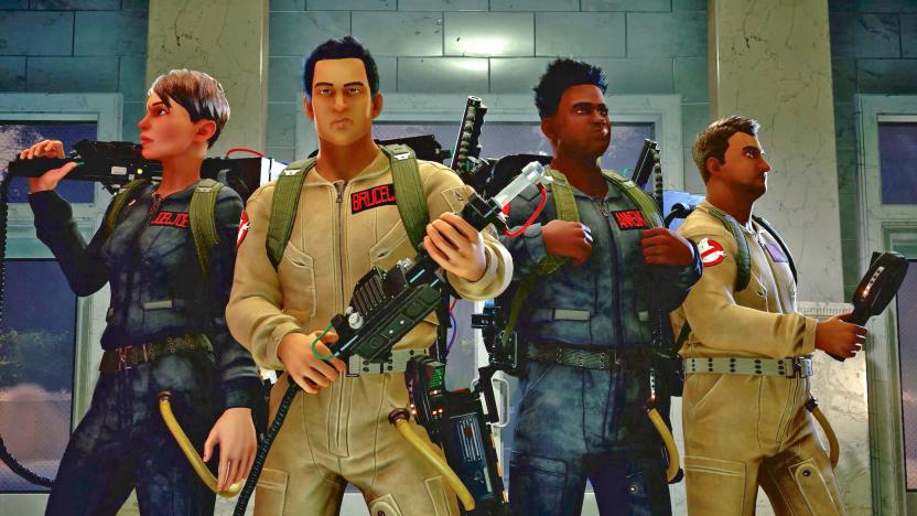 A promo still from the video game 'Ghostbusters: Spirits Unleashed' showing the four main characters posing together.