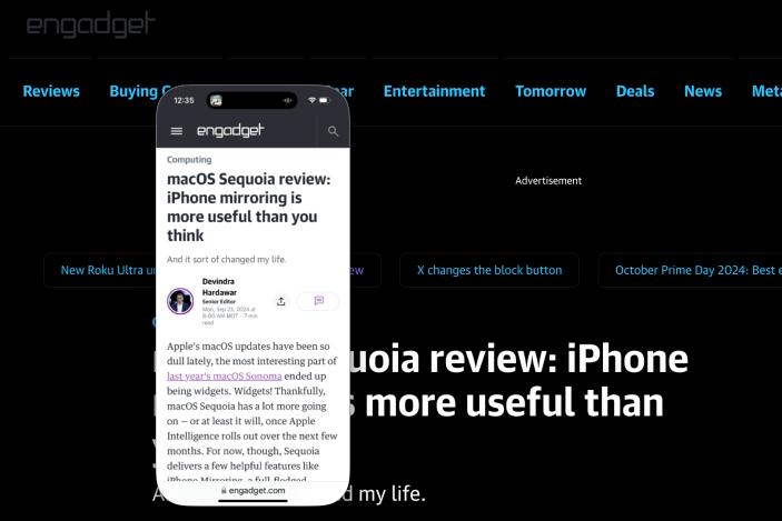 macOS screenshot. A virtual iPhone screen over a macOS window. Both show Engadget's macOS Sequoia review.
