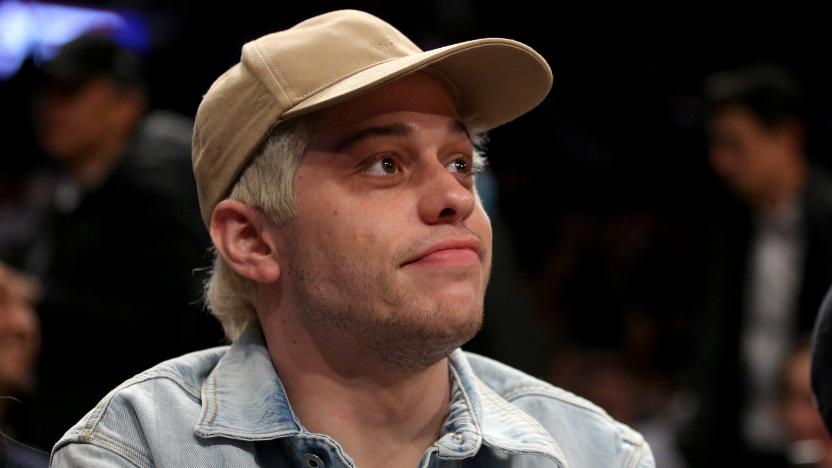 Nov 30, 2021; Brooklyn, New York, USA; American actor and comedian Pete Davidson sits courtside during the third quarter between the Brooklyn Nets and the New York Knicks at Barclays Center. Mandatory Credit: Brad Penner-USA TODAY Sports