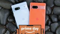 Two of the Google Pixel 7a phones sit on black rocks. The Prime day logo is over the image. 