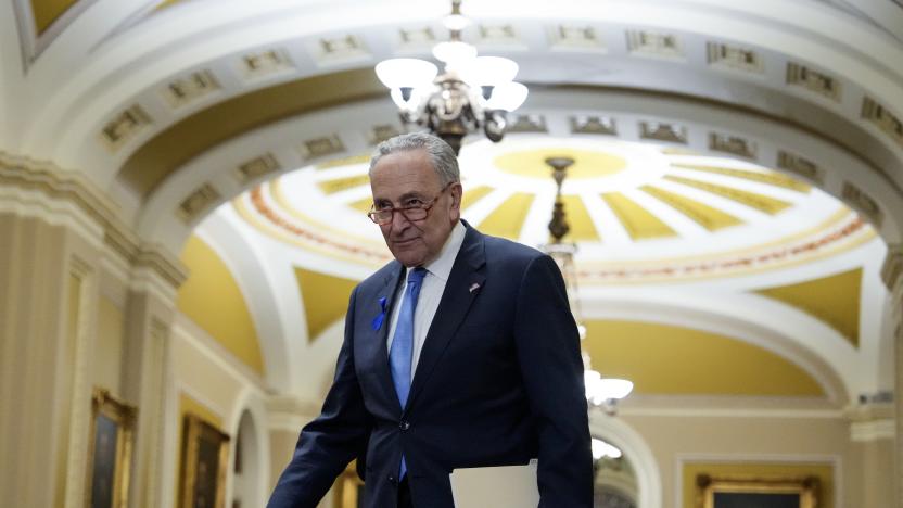 WASHINGTON, DC - OCTOBER 17: Senate Majority Leader Chuck Schumer (D-NY) arrives to speak to reporters following a closed-door lunch meeting with Senate Democrats at the U.S. Capitol October 17, 2023 in Washington, DC. Schumer spoke on a range of issues, including his recent Congressional delegation trip to Israel following the Hamas terrorist attacks. (Photo by Drew Angerer/Getty Images)