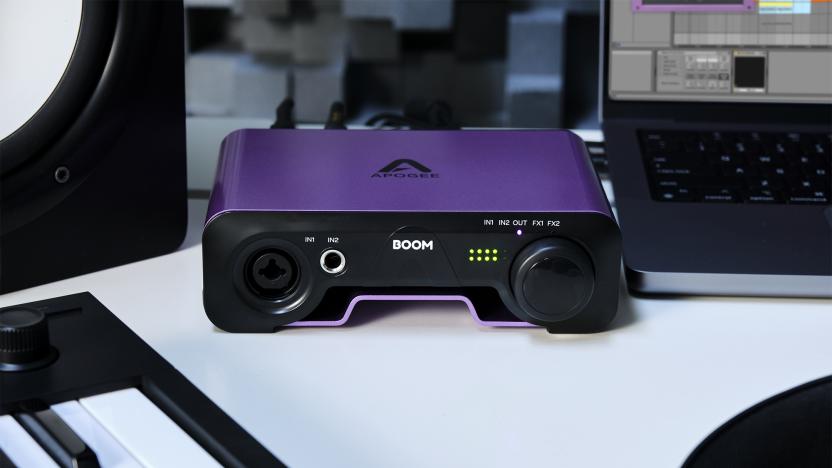 Apogee's new Boom audio interface with sleek, purple steel design.