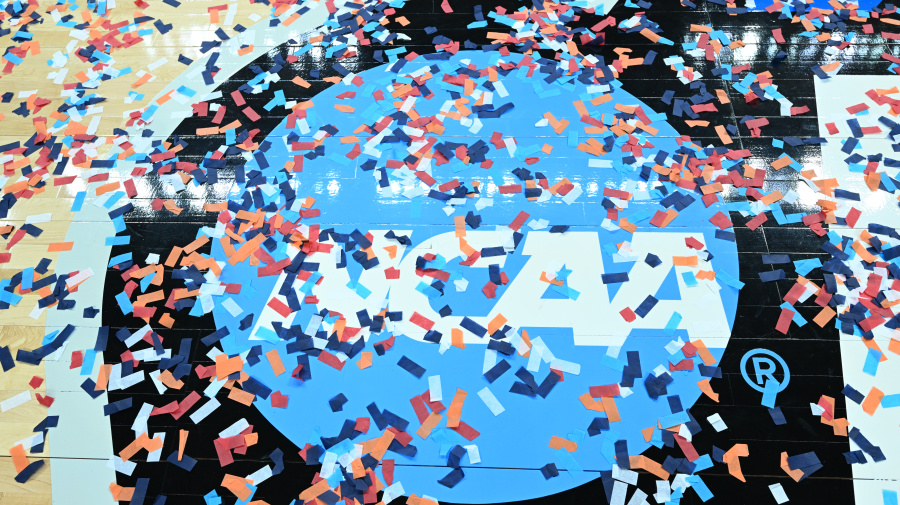 Getty Images - ALBANY, NEW YORK - MARCH 31: The NCAA logo is covered by confetti after the South Carolina Gamecocks defeat the Oregon State Beavers during the Elite Eight round of the 2024 NCAA Women's Basketball Tournament held at MVP Arena on March 31, 2024 in Albany, New York. (Photo by Greg Fiume/NCAA Photos via Getty Images)