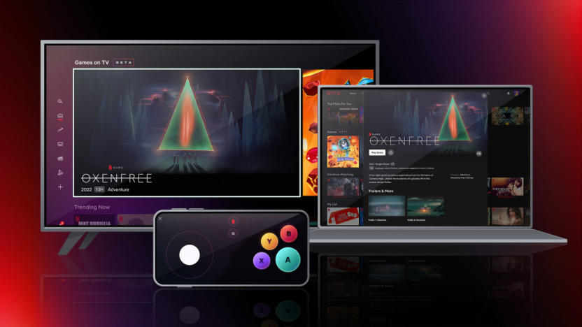 A title screen for the game Oxenfree is shown on a TV and laptop computer. A game controller app is shown on a smartphone.