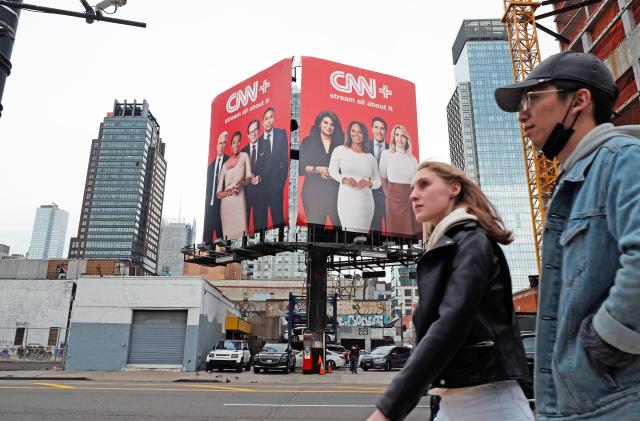 NEW YORK, NEW YORK - APRIL 21: An advertisement for CNN+ is displayed in Manhattan on April 21, 2022 in New York City.  Only three weeks after its launch, CNN has announced that it's new streaming service is already planning to shut down. CNN+ had attracted well known names in media and entertainment to its line-up, which looked to compete with other streaming services and to appeal to a younger audience.  