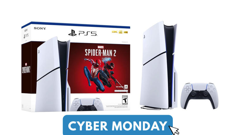 PlayStation 5 slim and Spider-Man 2 bundle. A text overlay reads "Cyber Monday."