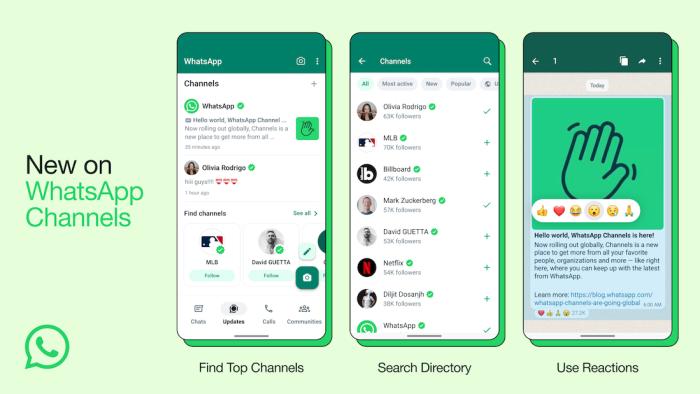 Three phones show new updates for WhatsApp Channels