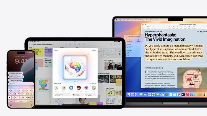 iPhone, iPad and MacBook showing Apple Intelligence integration