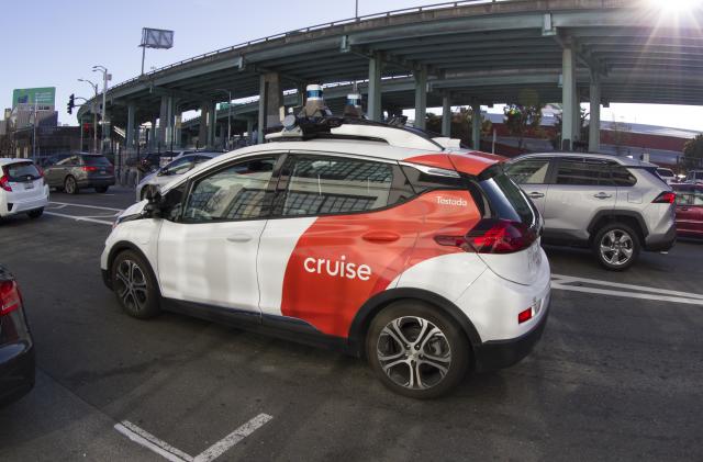 San Francisco, CA, USA - Feb 23, 2020: A Cruise self-driving car undergoing testing in the SoMa District of San Francisco. A subsidiary of GM, Cruise tests and develops autonomous car technology.