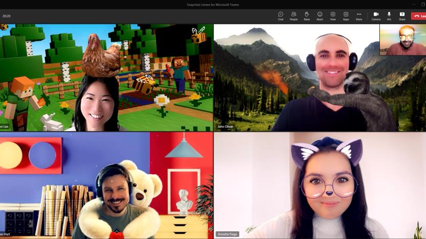 Screenshot of a Microsoft Teams call, showing users with Snapchat Lenses enabled. One has cat ears, while another has a Minecraft background and a chicken on their head. Other users are shown with a sloth and teddy bear hugging them.