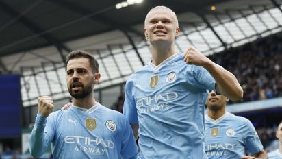 Associated Press - Manchester City's Erling Haaland, left, celebrates with Bernardo Silva after scoring his side's opening goal during the English Premier League soccer match between Manchester City and Wolverhampton Wanderers at the Etihad Stadium in Manchester, England, Saturday, May 4, 2024. (Richard Sellers/PA via AP)