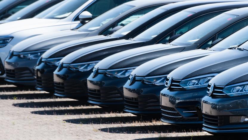 15 May 2020, Lower Saxony, Lehrte: New Volkswagen Golf vehicles are parked in a parking lot of a logistics company. As expected, the Volkswagen Group has come under heavy pressure due to the Corona sales restrictions. The Group brands delivered 473,500 vehicles worldwide in April, 45.4 percent less than in the same month last year. The corona crisis has plunged the entire German economy into recession. Photo: Julian Stratenschulte/dpa (Photo by Julian Stratenschulte/picture alliance via Getty Images)