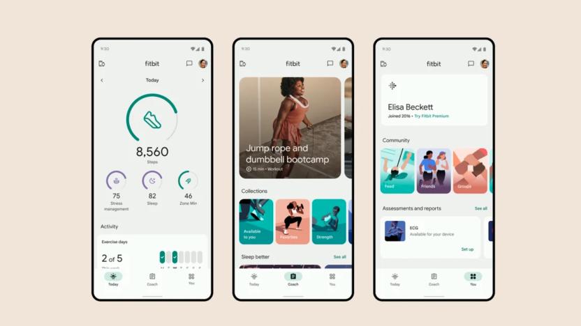 Three screenshots from Fitbit app redesign. 