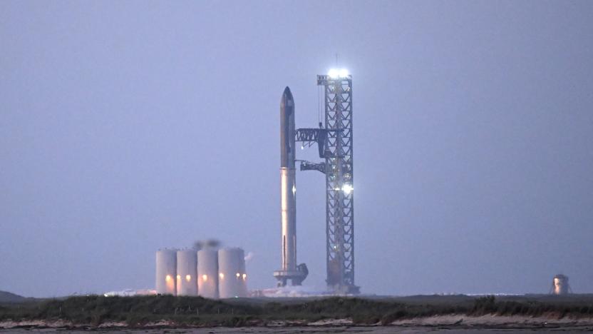 A view of the SpaceX Starship as it stands on the launch pad ahead of a flight test from Starbase in Boca Chica, Texas, early on April 17, 2023.