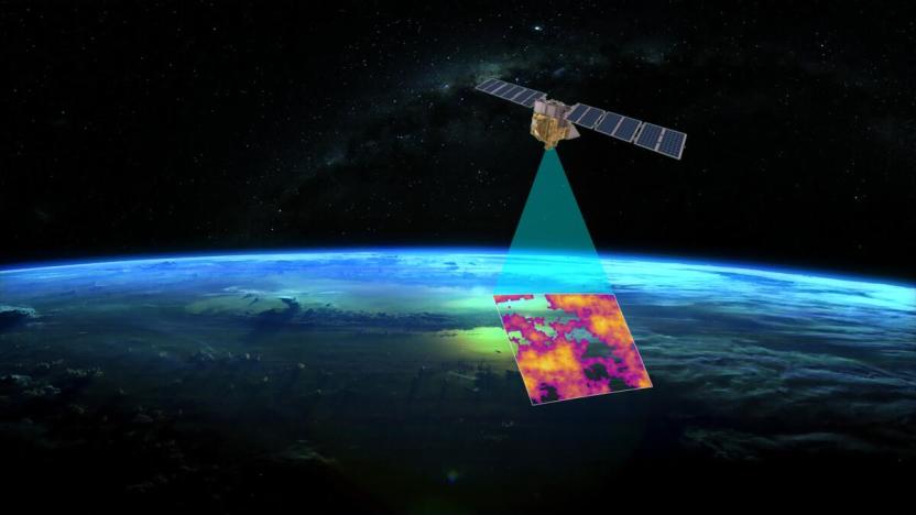 Render of a satellite capturing methane leak data from Earth.