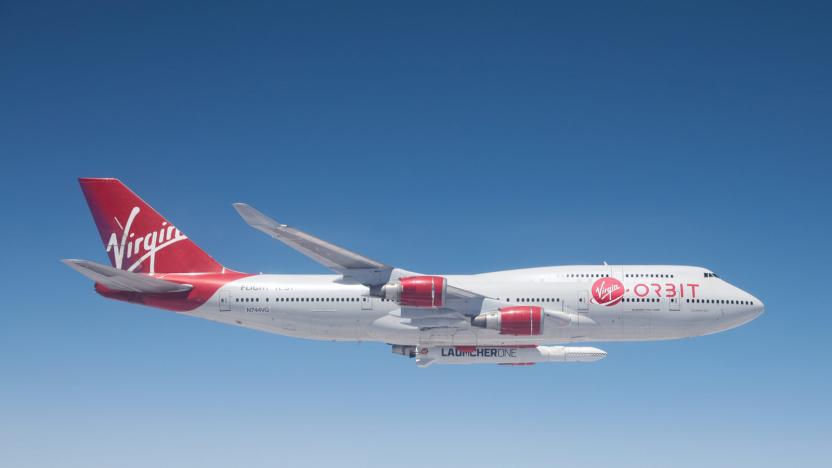 Virgin Orbit Cosmic Girl aircraft carrying Launcher One rocket