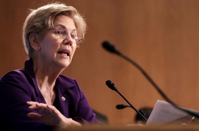 U.S. Senator Elizabeth Warren (D-MA) questions Treasury Undersecretary For Domestic Finance Nellie Liang as she testifies before the Senate Banking Committee, in Washington, D.C, U.S., February 15, 2022. Win McNamee/Pool via REUTERS