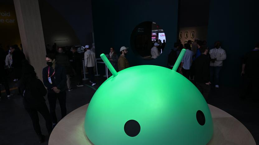 A large Android logo head is displayed at Alphabets Google Android plaza booth during the Consumer Electronics Show (CES) in Las Vegas, Nevada on January 5, 2023. (Photo by Patrick T. Fallon / AFP) (Photo by PATRICK T. FALLON/AFP via Getty Images)