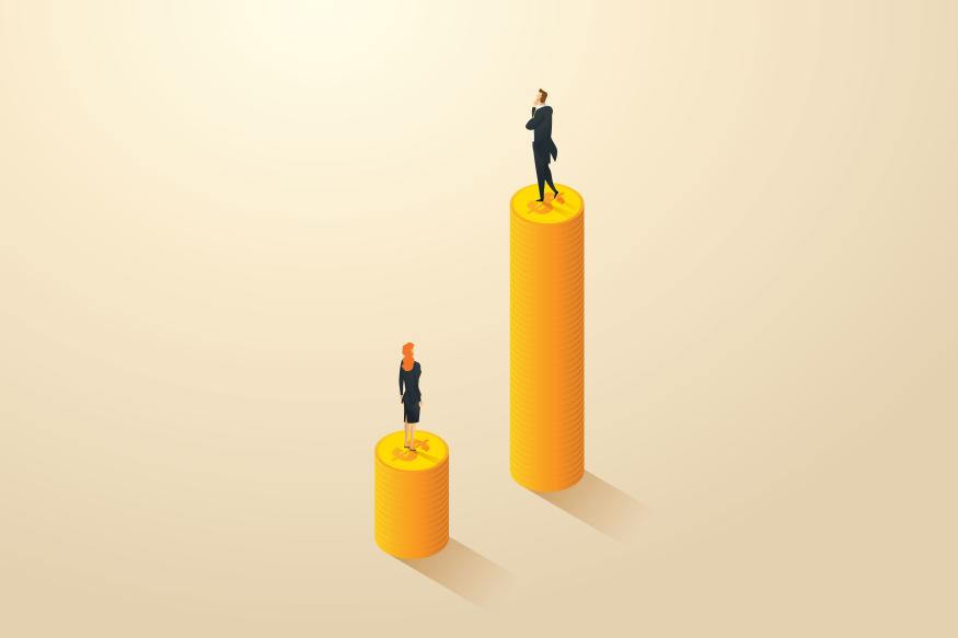 Income differences between male and female employees gender gap and salary inequality discrimination, differences. Businessmen and business women on unequal piles of coins. isometric vector illustration.