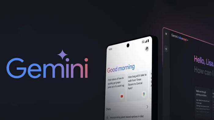 A photo of a phone screen and a computer screen showing the Gemini chatbot on their displays.
