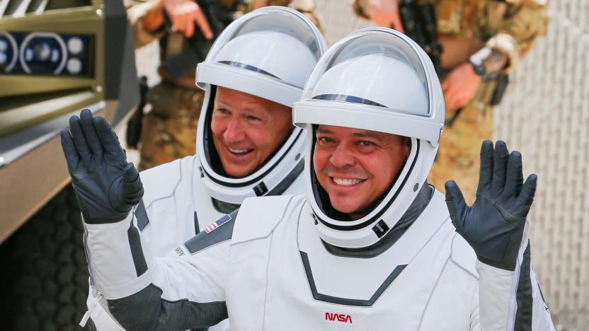 NASA astronauts Douglas Hurley and Robert Behnken head to launch pad 39 to board a SpaceX Falcon 9 rocket for a second launch attempt on NASA?s SpaceX Demo-2 mission to the International Space Station from NASA?s Kennedy Space Center in Cape Canaveral, Florida, U.S.  May 30, 2020. REUTERS/Joe Skipper