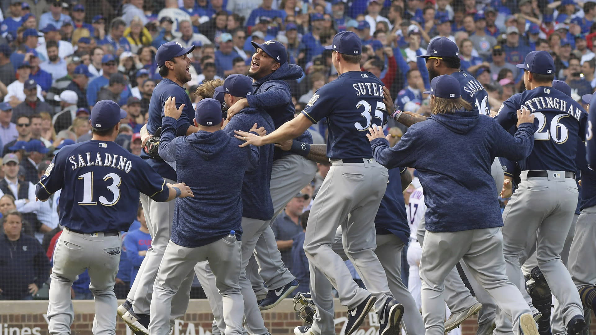 Milwaukee, WI, USA. 10th Apr, 2016. Barrelman waves to fans on the top of  dugout prior to the Major League Baseball game between the Milwaukee Brewers  and the Houston Astros at Miller