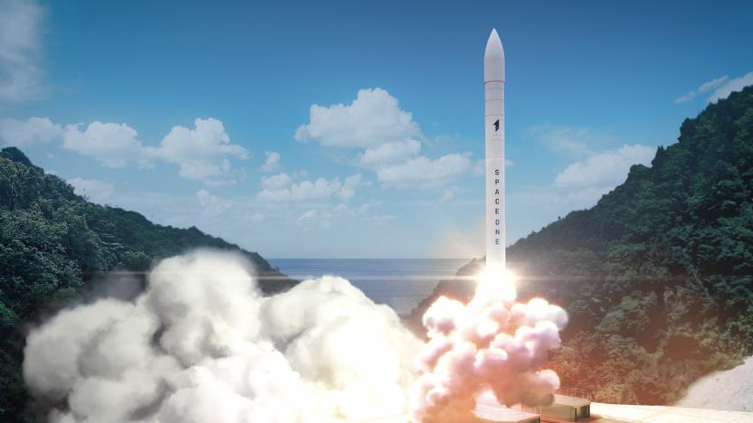 A computer graphics image of a white rocket blasting off against a background of blue skies and verdant hills.