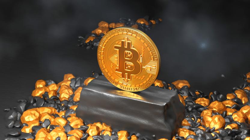 Three dimensional render of single Bitcoin standing inside gold mine