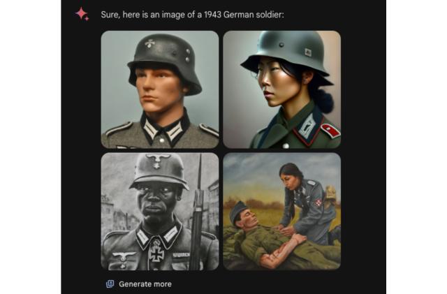 X post showing Google’s Gemini AI chatbot's results for a 1943 German soldier. It depicts people of color in Nazi uniforms, along with one white-looking person.