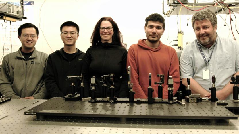 Group photo of five members of a research team focused on a scientific camera. They stand smiling in a laboratory with various imagine equipment on the research table in front of them.