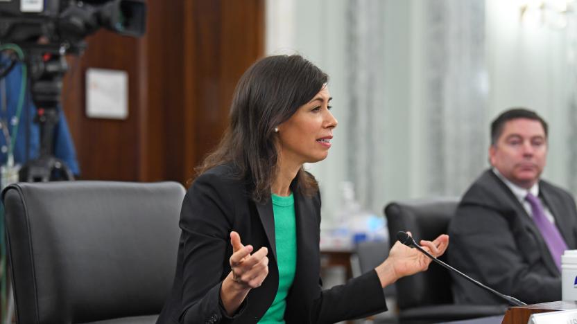 WASHINGTON, DC - JUNE 24:  Federal Communication Commission Commissioner Jessica Rosenworcel testifies during an oversight hearing to examine the Federal Communications Commission on Capitol Hill on June 24, 2020 in Washington, DC. The hearing was held by the Senate Committee for Commerce, Science, and Transportation. (Photo by Jonathan Newton-Pool/Getty Images)