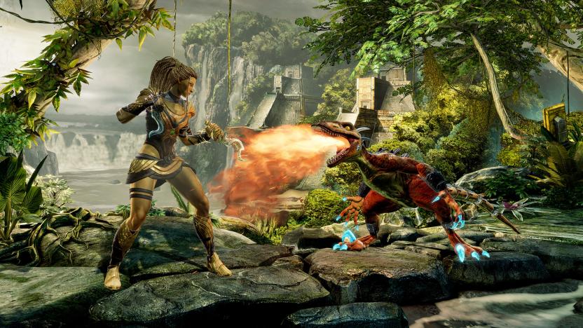A human character faces off against a fire-breathing dinosaur in Killer Instinct.