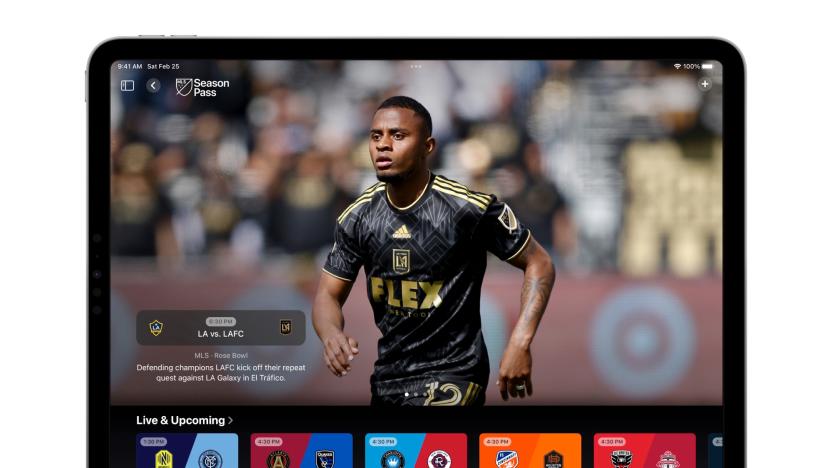 A screenshot of a tablet with Apple's MLS Season Pass showing a football/soccer game onscreen and thumbnails for Live & Upcoming games along the bottom.