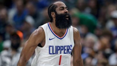 Getty Images - DALLAS, TEXAS - APRIL 28: James Harden #1 of the Los Angeles Clippers reacts after a three-point basket in the first half against the Dallas Mavericks during game four of the Western Conference First Round Playoffs at American Airlines Center on April 28, 2024 in Dallas, Texas.  NOTE TO USER: User expressly acknowledges and agrees that, by downloading and or using this photograph, User is consenting to the terms and conditions of the Getty Images License Agreement. (Photo by Tim Warner/Getty Images)