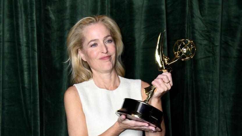 LONDON, ENGLAND - SEPTEMBER 19:  Gillian Anderson with her Emmy award for 'Outstanding Supporting Actress for a Drama Series', at the "The Crown" 73rd Primetime Emmys Celebration at Soho House on September 19, 2021 in London, England. (Photo by Gareth Cattermole/Getty Images)