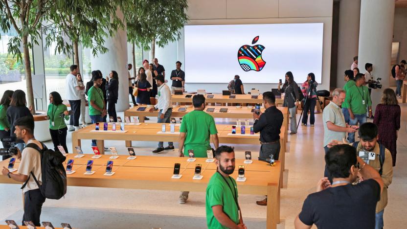 Bloggers and other journalists attend a media preview inside India's first Apple retail store, a day ahead of its launch in Mumbai, India, April 17, 2023. 