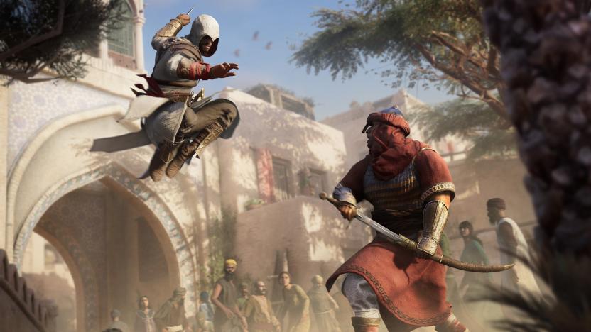 Assassin's Creed: Mirage screenshot showing protagonist Basim leaping at an enemy with his hidden blade.