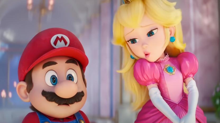Still from the 2023 animated film "The Super Mario Bros. Movie." Mario is on the left with a worried look on his face; Peach stands to the right with a comically nonchalant look on her face.
