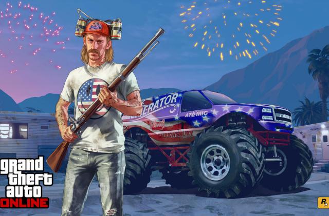 Marketing art for “GTA Online,” showing a man wearing an American flag smiley-face shirt and beer hat, holding a shotgun in front of a monster truck with fireworks in the background.