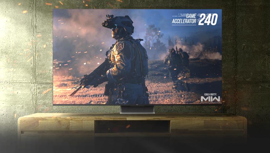 An image of a TCL QM8 TV featuring Call of Duty.