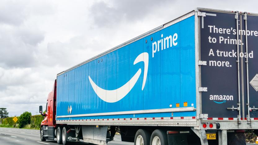 May 26, 2019 Hayward / CA / USA - Amazon truck driving on the freeway, the large Prime logo printed on the side; San Francisco bay area; Amazon.com, Inc., is an American multinational technology company based in Seattle, Washington that focuses on e-commerce, cloud computing, digital streaming and artificial intelligence.