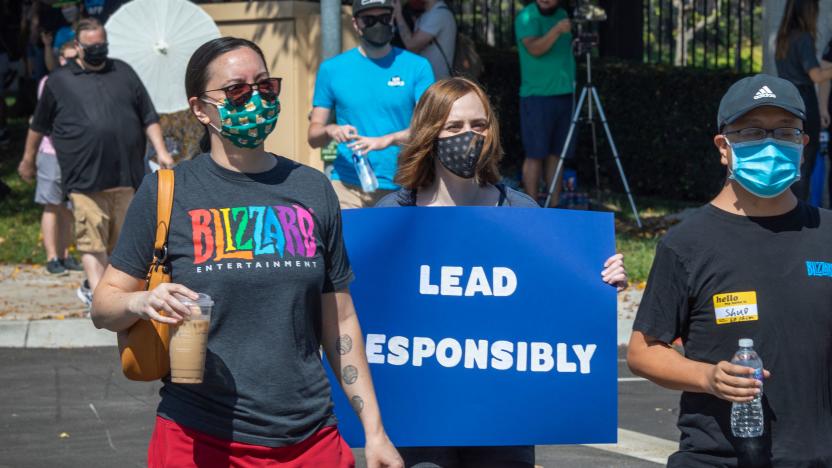 Employees of the video game company, Activision Blizzard, hold a walkout and protest rally to denounce the companys response to a California Department of Fair Employment and Housing lawsuit and to call for changes in conditions for women and other marginalized groups, in Irvine, California, on July 28, 2021.  (Photo by DAVID MCNEW / AFP) (Photo by DAVID MCNEW/AFP via Getty Images)