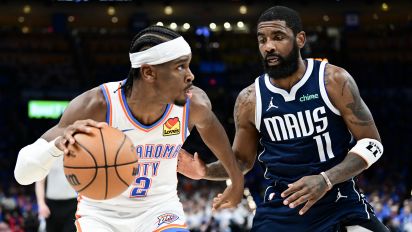 Getty Images - OKLAHOMA CITY, OKLAHOMA - MAY 07: Shai Gilgeous-Alexander #2 of the Oklahoma City Thunder drives to the basket against Kyrie Irving #11 of the Dallas Mavericks during the third quarter in Game One of the Western Conference Second Round Playoffs at Paycom Center on May 07, 2024 in Oklahoma City, Oklahoma. NOTE TO USER: User expressly acknowledges and agrees that, by downloading and or using this photograph, User is consenting to the terms and conditions of the Getty Images License Agreement. (Photo by Joshua Gateley/Getty Images)