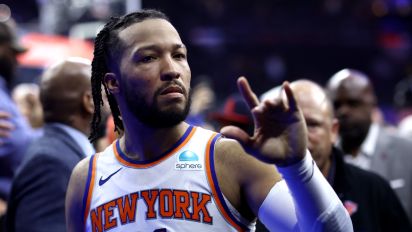 Getty Images - PHILADELPHIA, PENNSYLVANIA - MAY 02: Jalen Brunson #11 of the New York Knicks reacts after his team's 118-115 series clinching win against the Philadelphia 76ers in game six of the Eastern Conference First Round Playoffs at the Wells Fargo Center on May 02, 2024 in Philadelphia, Pennsylvania. (Photo by Tim Nwachukwu/Getty Images)