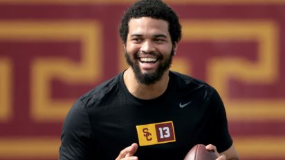 Getty Images - Los Angeles, California March 20, 2024-USC quarterback Caleb Williams smiles during USC Pro Day in Los Angeles Wednesday. (Wally Skalij/Los Angeles Times via Getty Images)