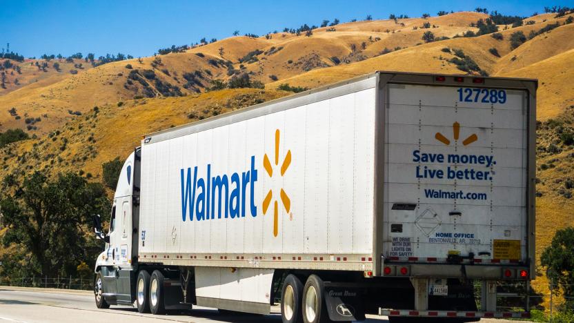 June 10, 2018 Los Angeles / CA / USA - Walmart truck driving on the interstate among hills covered in dry grass