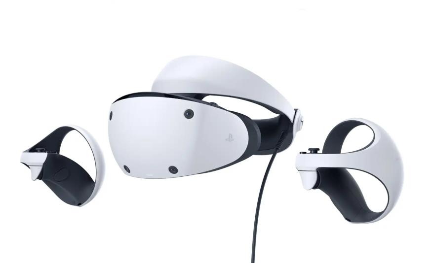 The Sony PlayStation VR2 virtual reality head gear and controllers.