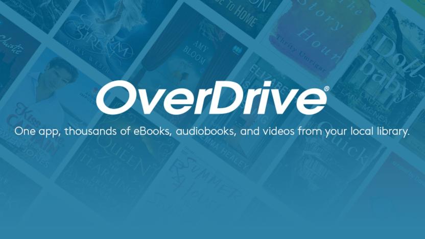 OverDrive logo on top of a transparent blue background with books underneath.