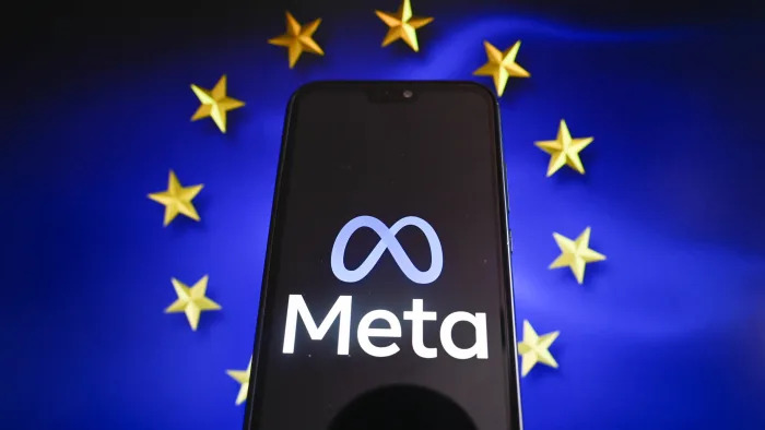 POLAND - 2024/03/26: In this photo illustration, a Meta logo is displayed on a smartphone with European Union flag in the background. (Photo Illustration by Omar Marques/SOPA Images/LightRocket via Getty Images)